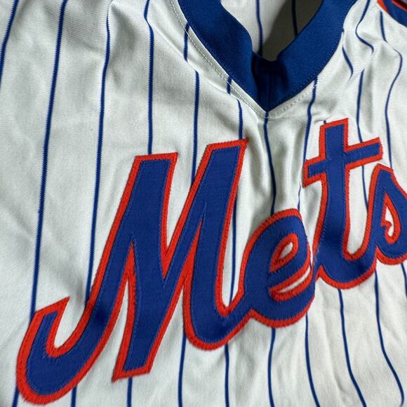 Vintage 80s Sand Knit Mets Cropped Jersey Womens Pinstripe Baseball Top S/M - Picture 3 of 7